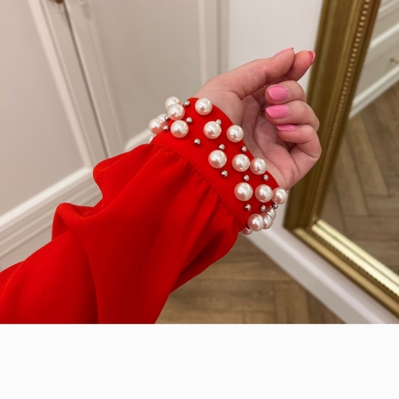 Bright Red H&M Shift Dress With Pearl Embellished Long Sleeves 12 EUC - Picture 5 of 11